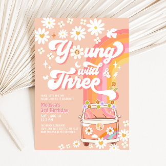 Groovy Young Wild och Tre Daisy 3-års födelsedag Inbjudningar