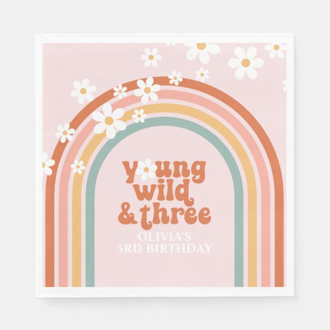 Groovy Young Wild Three Daisy regnbåge 3-årsdag Pappersservett (Framsidan)