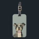 Groptjurhunden med valpen synar vattenfärgmålning bagagebricka<br><div class="desc">Denna är en vattenfärgmålning av en svartvit groptjurvalp. Det är ett slut upp av hunden med den stora lovande person tittar ögon.</div>