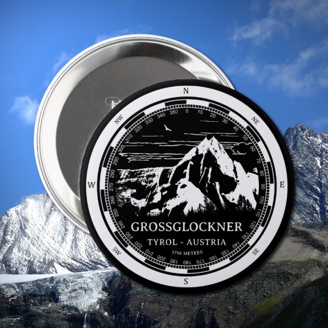 Grossglockner - Alpernor i Tyrolen Österrike Knapp (Mount Grossglockner Button in Back with a white compass and mountain illustration)