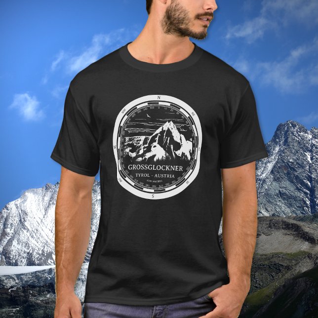 Grossglockner - Alpernor i Tyrolen Österrike T Shirt (Mount Grossglockner T-Shirt in Back with a white compass and mountain illustration)