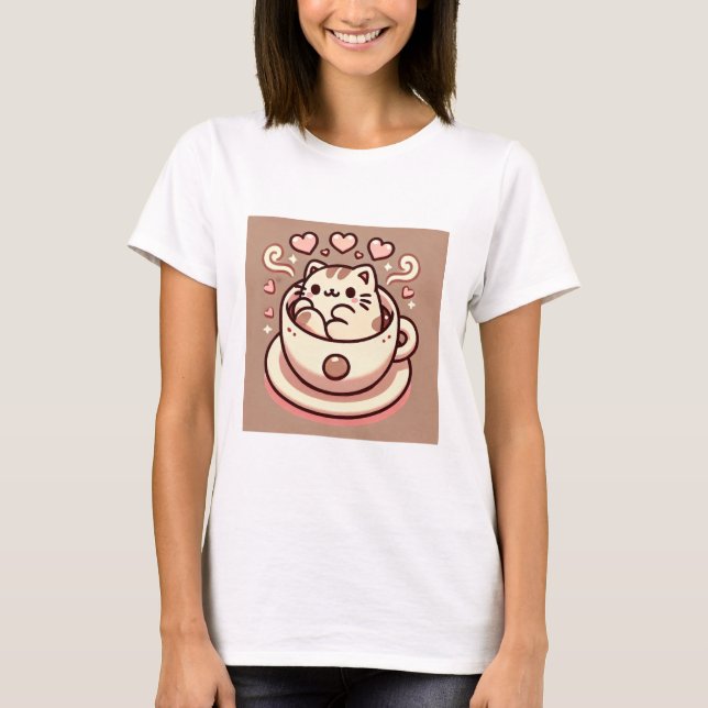 Grossistkatt och kaffe-Cute Kawaii Kattunge i Teko T Shirt (Framsida)