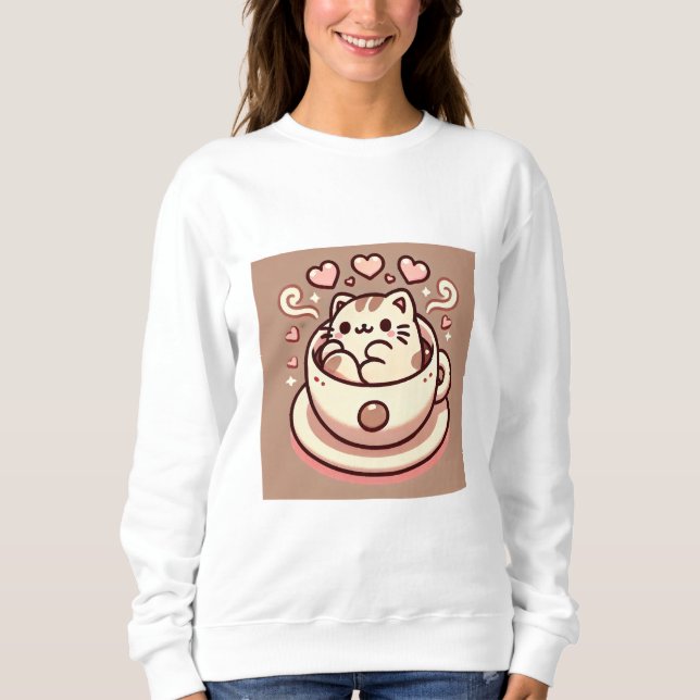 Grossistkatt och kaffe-Cute Kawaii Kattunge i Teko T Shirt (Framsida)