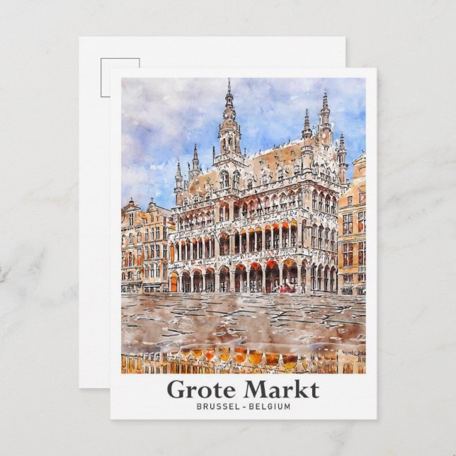 Grote Markt Brussel Belgium Travel Watercolor Vykort (Fram/baksida)