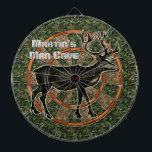 Grotta för man för kamouflagehjortjägare darttavla<br><div class="desc">Denna themed dartboard för jakt har en bild av en hjort/en ren som är brun med stora horn på kronhjort. Den har också en grönt, och bruntcamomönster och att växla skuggar av orangen. Denna är en underbar lek stiger ombord för fridluftsmänniskor, jägare och manar med kamouflage-themed mangrottor. Använd mallen lätt...</div>
