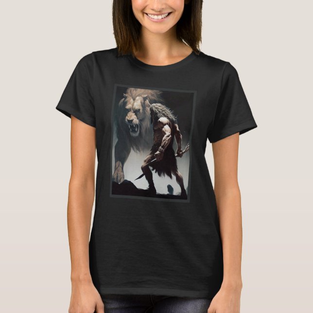 Grottmänniskokrigare med vänlig lejon jagar samma t shirt (Framsida)