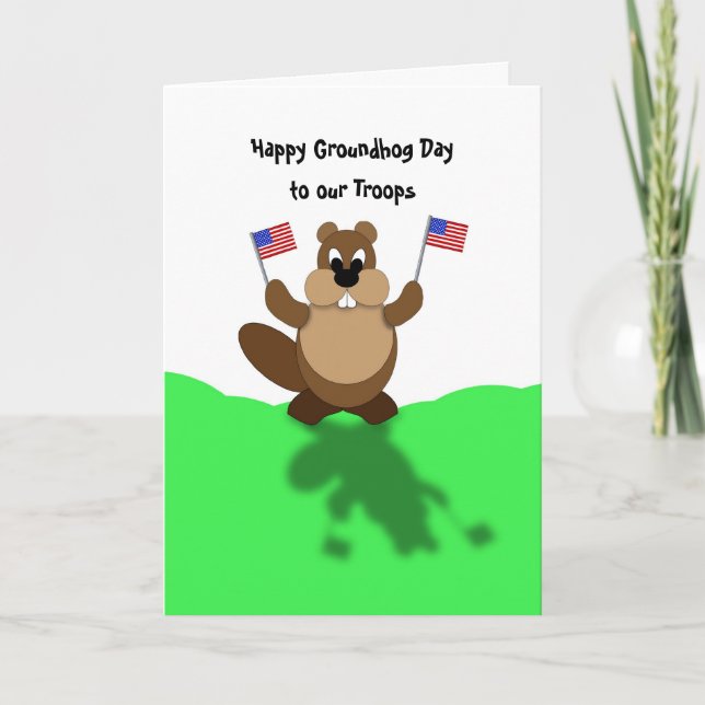 Groundhog Arm Up Flagga-Troops, Lycklig Groundh... Kort (Framsida)