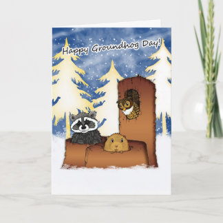 Groundhog Day Card - Groundog, Racoon, Uggla Kort
