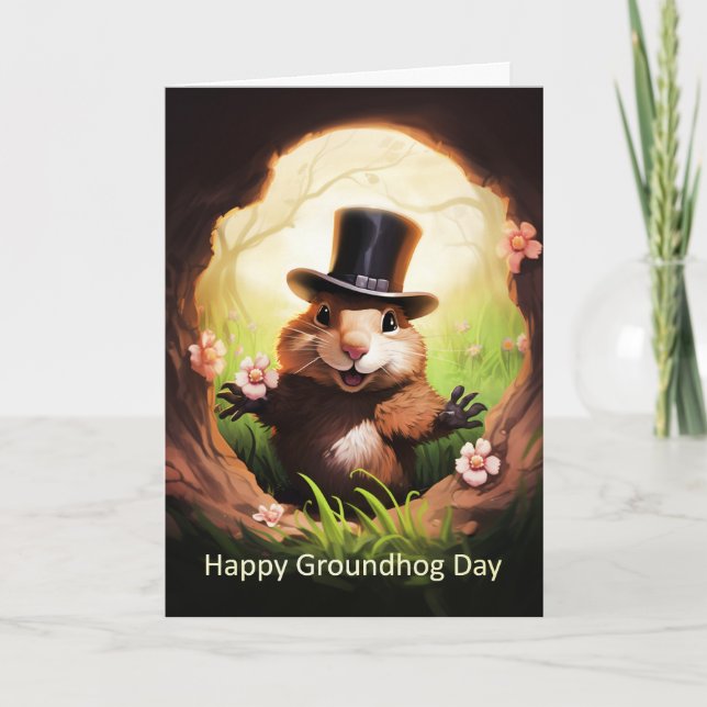 Groundhog Day Greeting Card With Cute Groundhog Helgkort (Framsida)