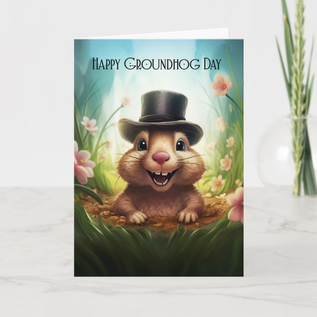 Groundhog Day Greeting Card With Cute Groundhog Helgkort (Framsida)