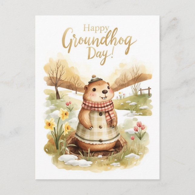 Groundhog day watercolor helg vykort (Framsida)
