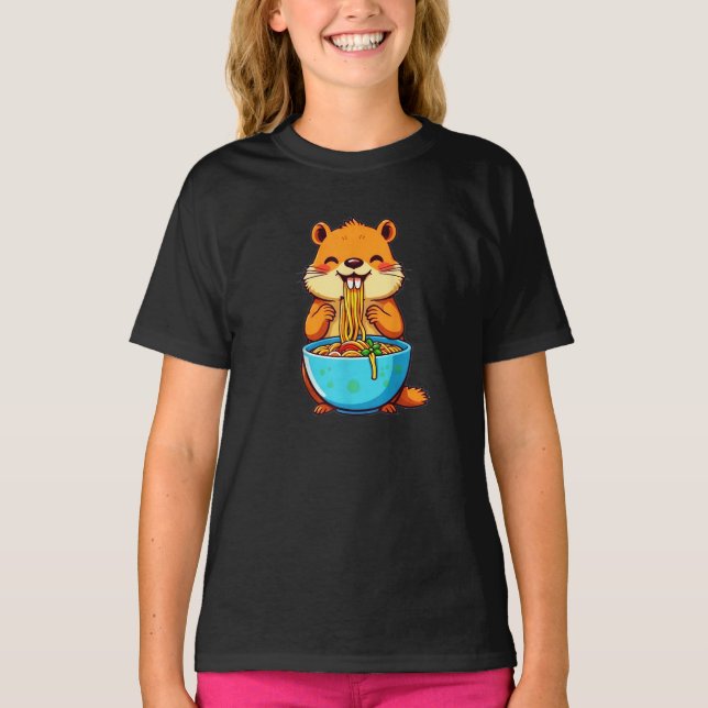Groundhog Eating Ramen Lycklig Groundhog Day T Shirt (Framsida)