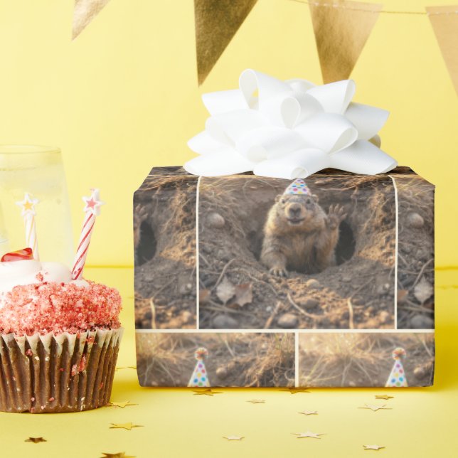 Groundhog In a Birthday Party Hat Presentpapper (Födelsedagsfest)