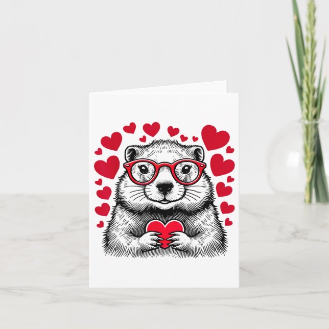 Groundhog Red Heart Shape Valentines day Animal Lo Kort (Framsida)