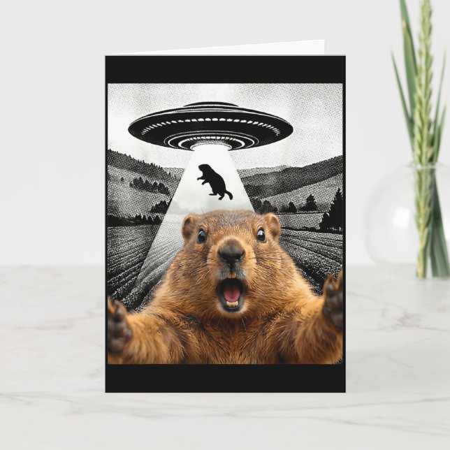 Groundhog Selfie With Alien Ufo Humor Men Women Ki Kort (Framsida)