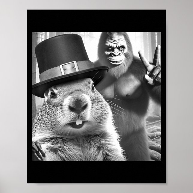 Groundhog Taking Selfie With Bigfoot Funny Groundh Poster (Framsidan)