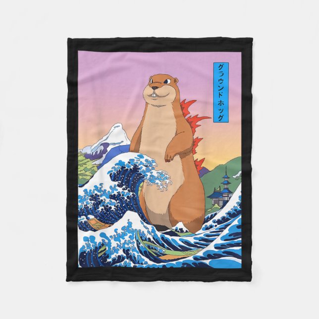 Groundhogzilla Rolig Japansk Stor Våg Anime Gro Fleecefilt (Framsidan)