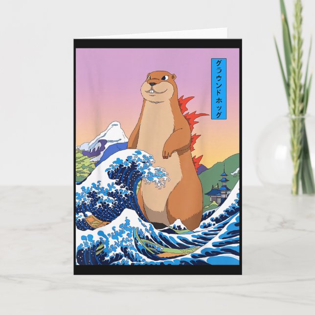 Groundhogzilla Rolig Japansk Stor Våg Anime Gro Kort (Framsida)