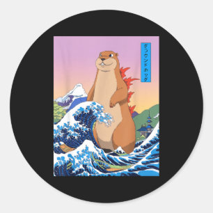 Groundhogzilla Rolig Japansk Stor Våg Anime Gro Runt Klistermärke