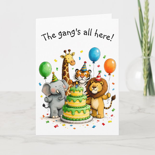 Group Birthday Whimsical Animals in Party Hats Kort (Framsida)