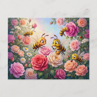 Group of bees exploring roses in cheerful comic il vykort
