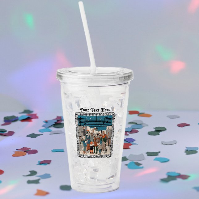 Group of Carolers and Musician on Street Corner Take Away Mugg (Christmas carolers and musicians on old time street corner bar of music notes on acrylic drink cup.)