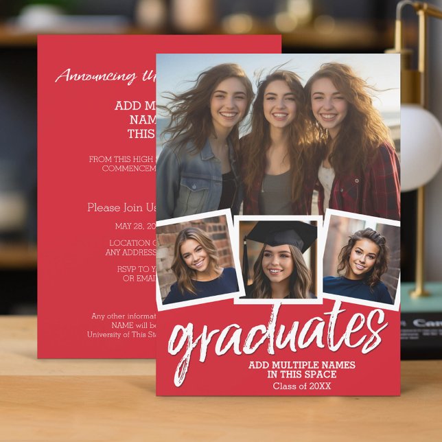 Group Studentfest - 4 Photos Red Inbjudningar (Group Graduation Invitation with 4 Photos and Party Information)