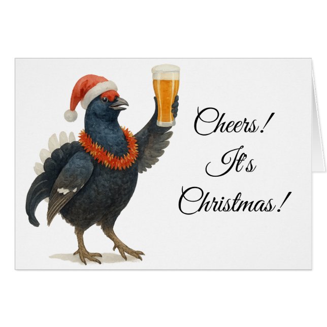 Grouse, Santa hat & Beer Christmas greetings card Hälsningskort (Framsidan Horizontal)