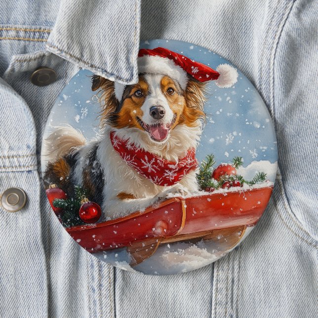 Grov Collie Hund i Släd Låt det Snöa Jul Knapp (In Situ)