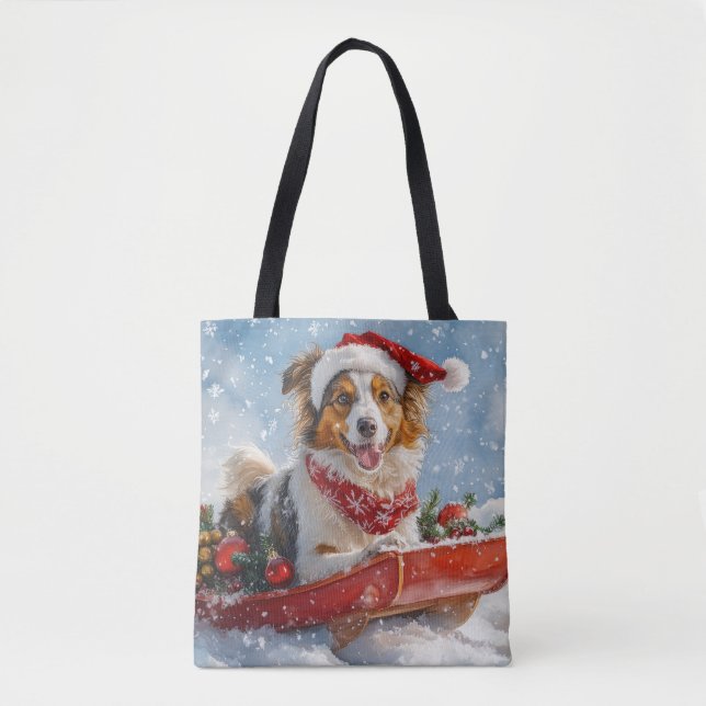 Grov Collie Hund i Släd Låt det Snöa Jul Tygkasse (Framsida)