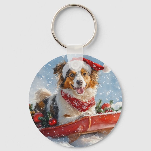 Grov Collie Hund i Släde Låt det Snöa Jul Nyckelring (Framsida)