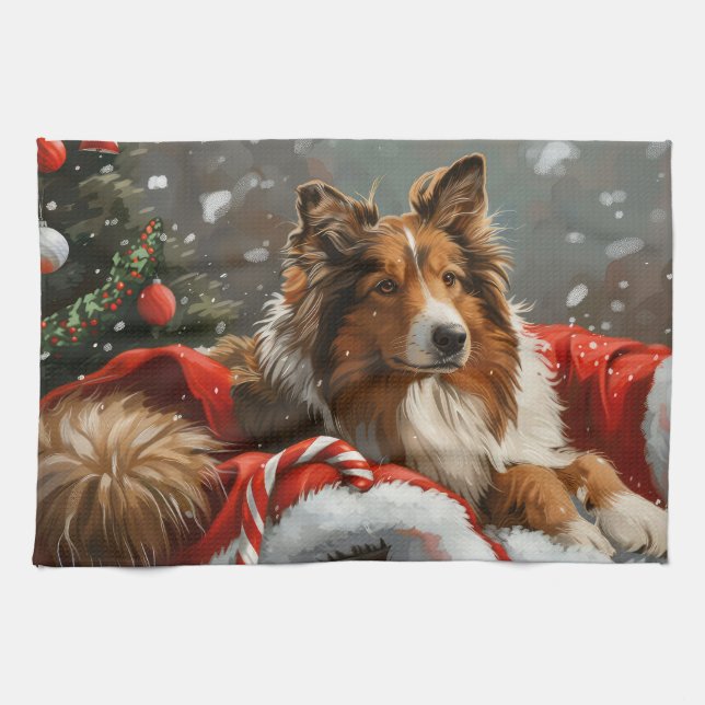 Grov Collie Hund Jul Festlig Kökshandduk (Horisontell)