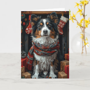 Grov Collie Hund Med Julpresenter Öppen Spis Kort