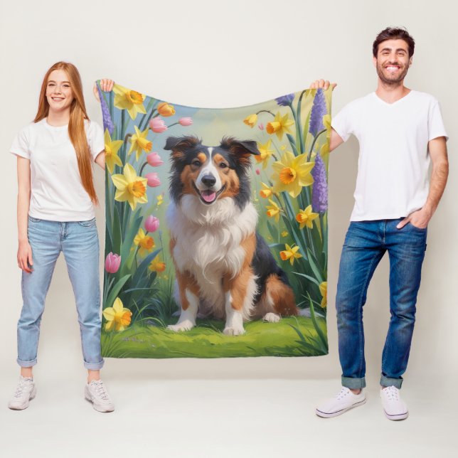 Grov Collie Hund Vårblommor Målning Fleecefilt (På plats)