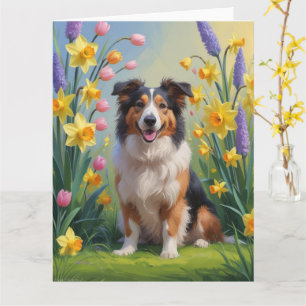 Grov Collie Hund Vårblommor Målning Kort