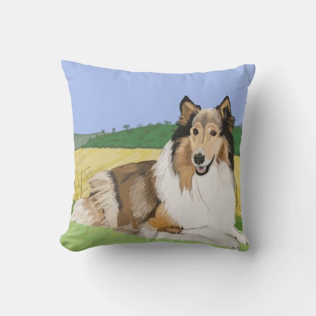 Grov Collie med fält Kudde (Framsida)
