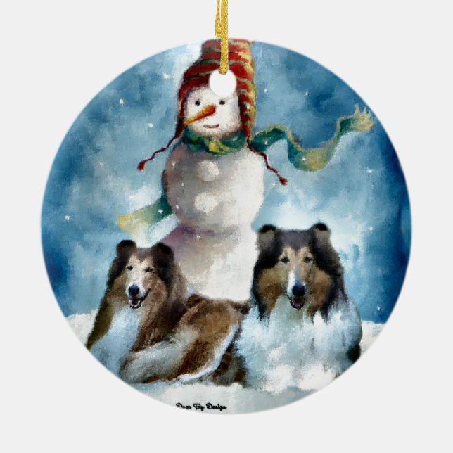 Grov Collie med Snömannen jul Julgransprydnad Keramik (Baksidan)