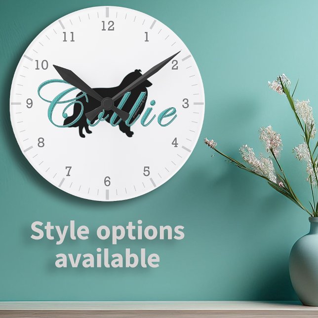 Grov Collie Siluett Teal Skrift Text Rund Klocka (Rough Collie Silhouette Teal Script Text Round Clock with available style options)