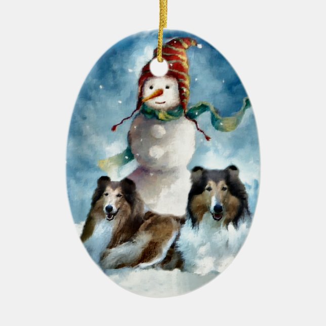 Grov kollie med Snögubbe jul Julgransprydnad Keramik (Framsidan)