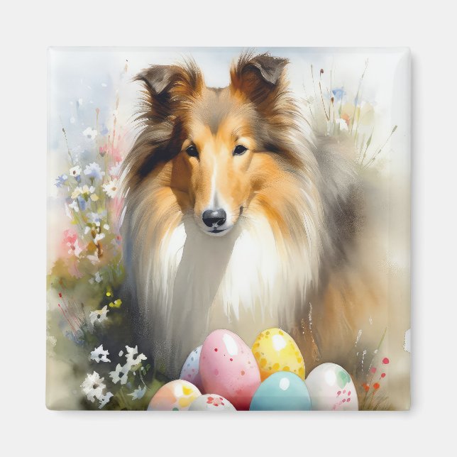Grovkolliehund med påskägg semester  magnet (Framsidan)