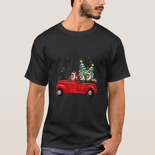 Grovt Collie Hund Driving Julafton Lastbil Julgran T Shirt (Framsida)