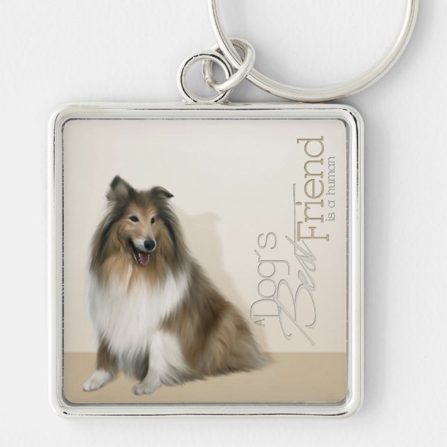 Grovt Collie Keychain Fyrkantig Silverfärgad Nyckelring (Framsidan)