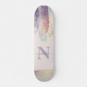 Grovt lila rosa glitter gnistra, inledande namn mini skateboard bräda 18,5 cm