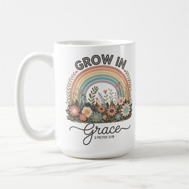 Grow in Grace Rainbow Blommigt Christian Kaffemugg (Vänster)