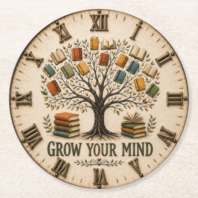 Grow Your Mind Book  Reading Teacher Gift Underlägg Papper Rund (Framsidan)