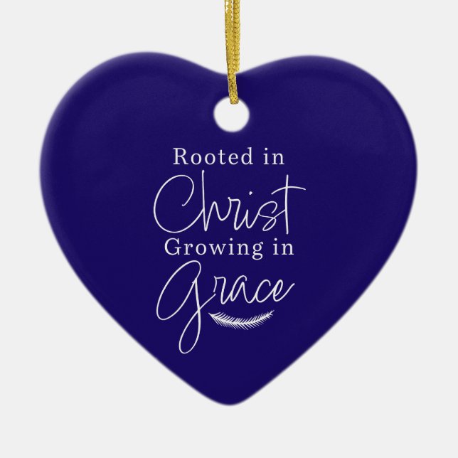 Growing in Grace Blue and White Heart Christmas Julgransprydnad Keramik (Framsidan)