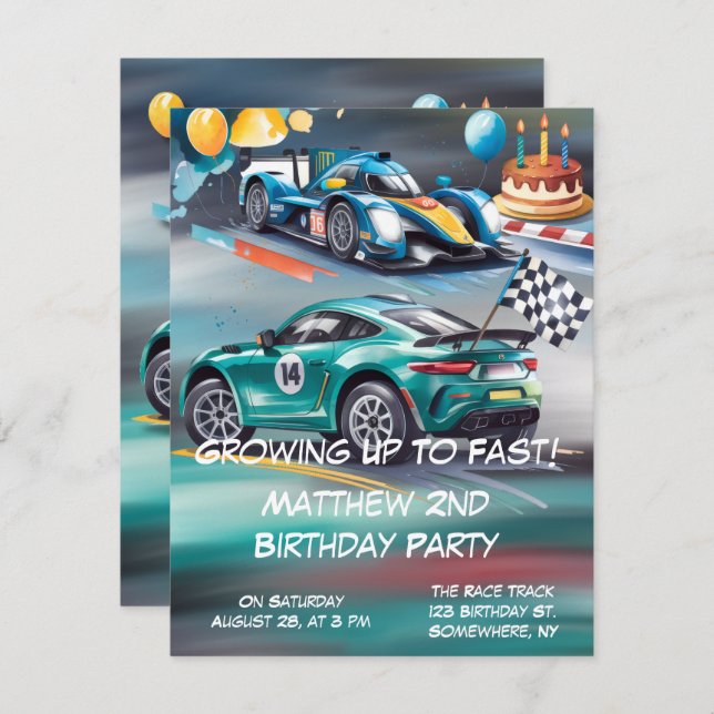 Growing Up To Fast Boy Birthday Party Invitation OSA Kort (Fram/baksida)