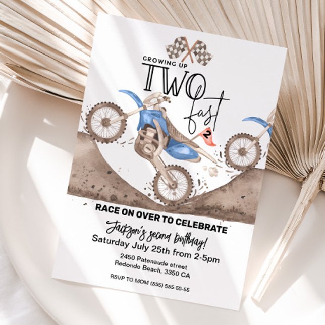 Growing up TWO FAST Blue Dirt Bike 2nd birthday  Inbjudningar (Blue dirt bike birthday invitation, second birthday TWO FAST)