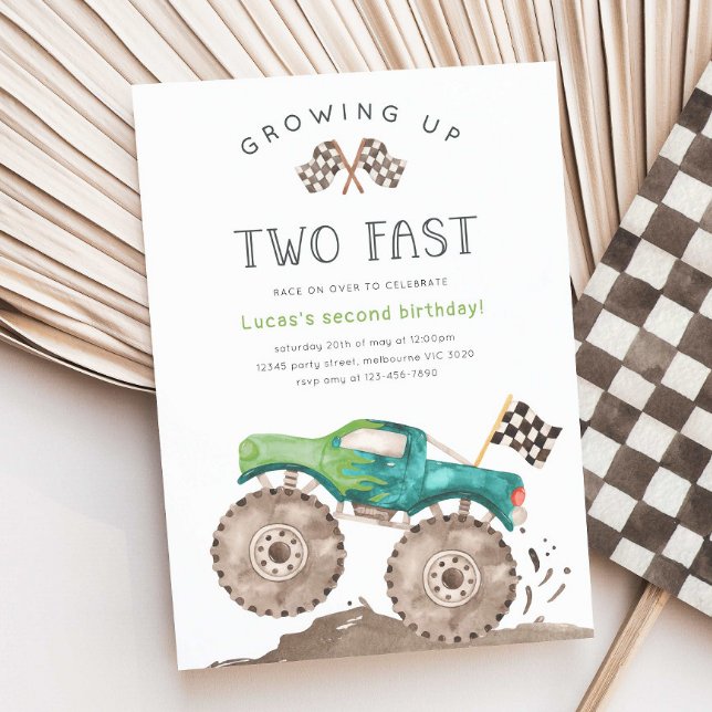 Growing Up TWO Fast Monster Truck 2nd Birthday Inbjudningar (Skapare uppladdad)