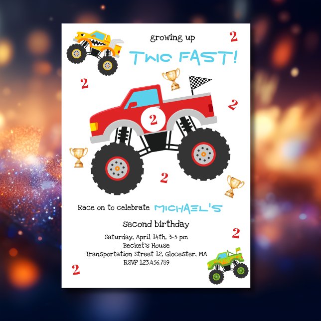 Growing up two fast monster trucks boy birthday inbjudningar (Skapare uppladdad)